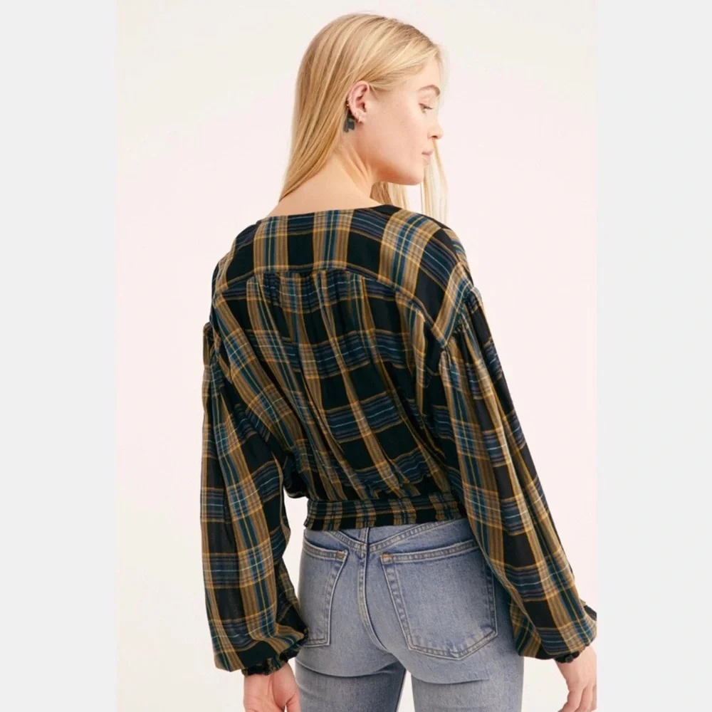 Free People Plaid Crop Top Size L Black Blue Tan Boho Prairie Country Girl Fall